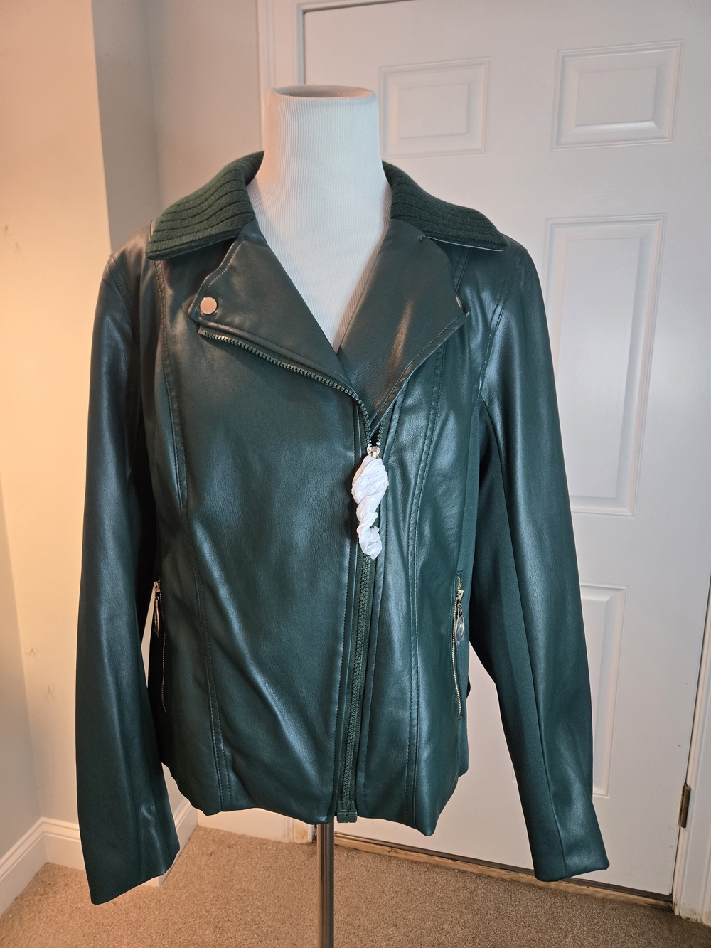 Isaac Mizrahi Dark Green Faux Leather Biker Jacket